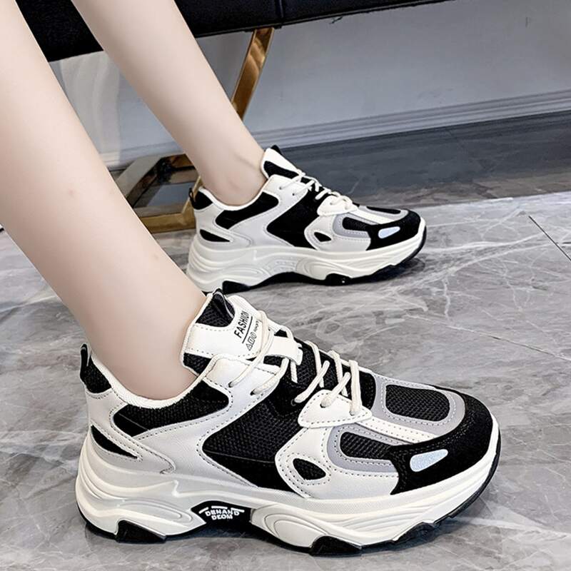 

Lace Up Front Mesh Panel Chunky Sneakers, Black