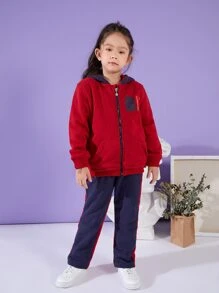 女孩美國旗圖案拉鍊運動衫和拼接側邊接縫長褲 - 酒紅色 - 查看 1