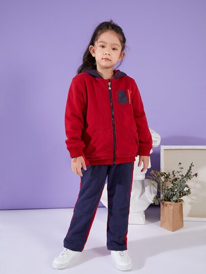 YINGZIFANG Girls American Flag Print Zipper Sweatshirt & Contrast Side Seam Pants