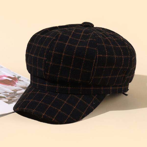 

Plaid Print Baker Boy Cap, Black
