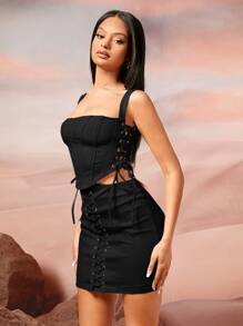 SHEIN BAE Áo hai dây Bất đối xứng Lộ Lưng Thắt nút Ren lên Thùa khuyết màu trơn Gợi cảm - màu đen - Xem 5