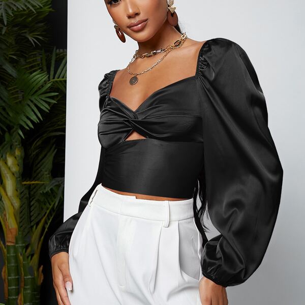 

Satin Balloon Sleeve Self-Tie Crop Top, Black
