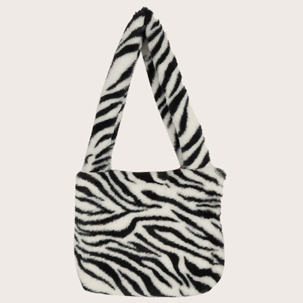 

Zebra Striped Print Shoulder Tote Bag, Black and white