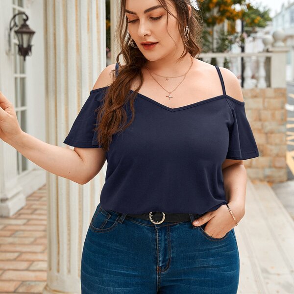 

Plus Cold Shoulder Solid Tee, Navy blue