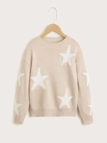 SHEIN Girls Star Pattern Drop Shoulder Jumper - Apricot - View 1