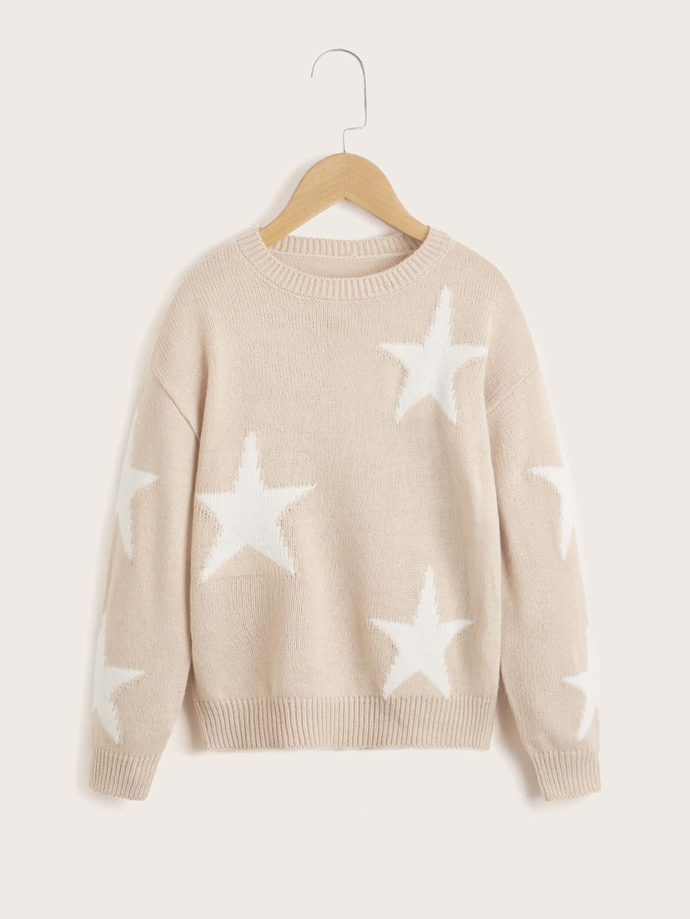 SHEIN Girls Star Pattern Drop Shoulder Jumper - Apricot - View 1