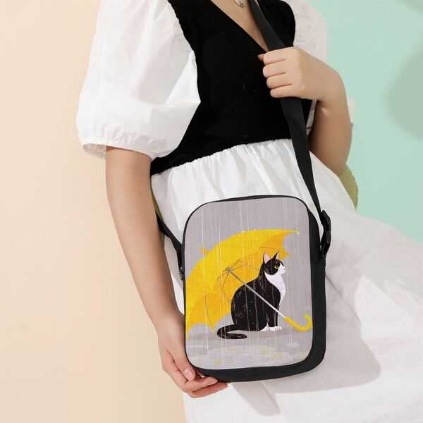 

Cartoon Cat Graphic Crossbody Bag, Multicolor