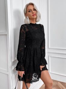 Eilly Bazar Đầm POM Pom Xù Viên lá sen Dây kéo màu trơn Thanh lịch - màu đen - Xem 1