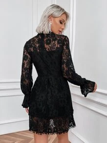 Eilly Bazar Đầm POM Pom Xù Viên lá sen Dây kéo màu trơn Thanh lịch - màu đen - Xem 2