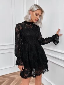 Eilly Bazar Đầm POM Pom Xù Viên lá sen Dây kéo màu trơn Thanh lịch - màu đen - Xem 4