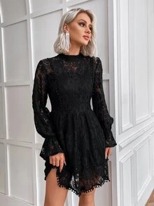 Eilly Bazar Đầm POM Pom Xù Viên lá sen Dây kéo màu trơn Thanh lịch - màu đen - Xem 5