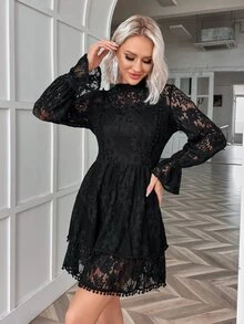 Eilly Bazar Đầm POM Pom Xù Viên lá sen Dây kéo màu trơn Thanh lịch - màu đen - Xem 6