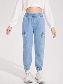 SHEIN Tween Girl Elastic Waist Jogger Jeans - Light Wash - View 1
