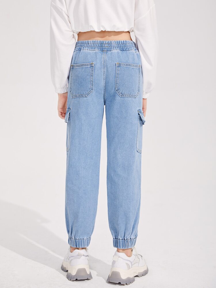 SHEIN 青少女彈性腰口慢跑牛仔褲 - 淺色水洗藍 - 查看 2