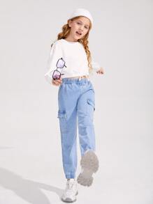 SHEIN Tween Girl Elastic Waist Jogger Jeans - Light Wash - View 3