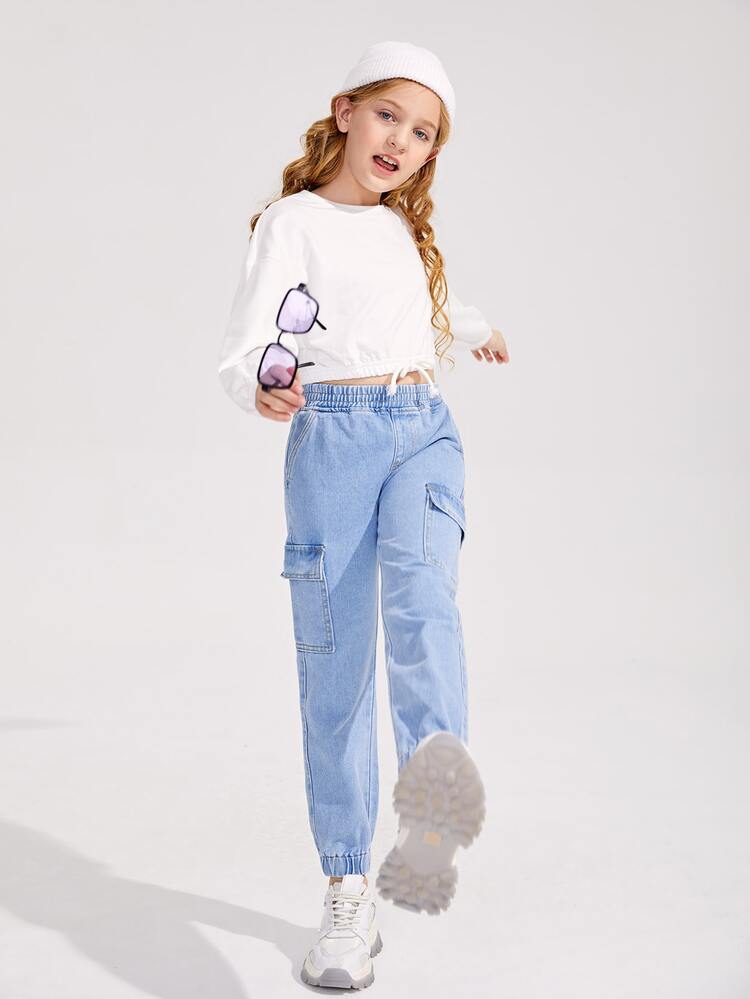 SHEIN 青少女彈性腰口慢跑牛仔褲 - 淺色水洗藍 - 查看 3