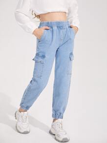 SHEIN Tween Girl Elastic Waist Jogger Jeans - Light Wash - View 4