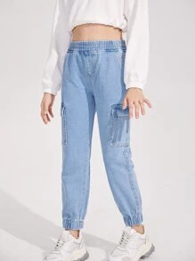 SHEIN Tween Girl Elastic Waist Jogger Jeans - Light Wash - View 5