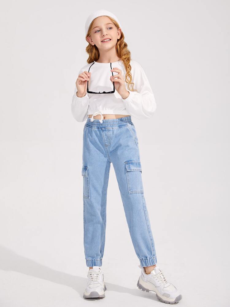 SHEIN 青少女彈性腰口慢跑牛仔褲 - 淺色水洗藍 - 查看 6