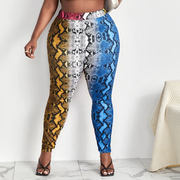 

Plus Color-block Snakeskin Print Leggings, Multicolor