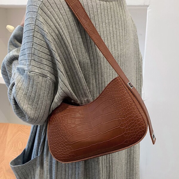 

Croc Embossed Baguette Bag, Brown