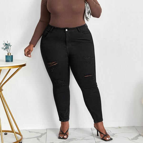 

Plus High Waist Ripped Frayed Skinny Jeans, Black