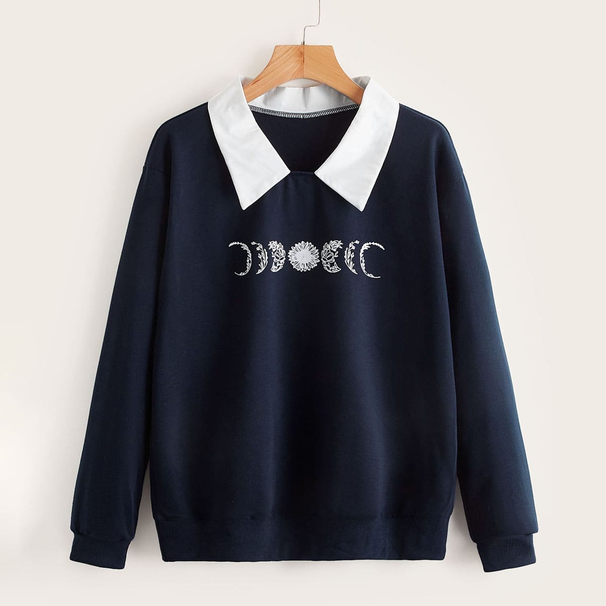 

Moon Print Contrast Collar Sweatshirt, Navy blue