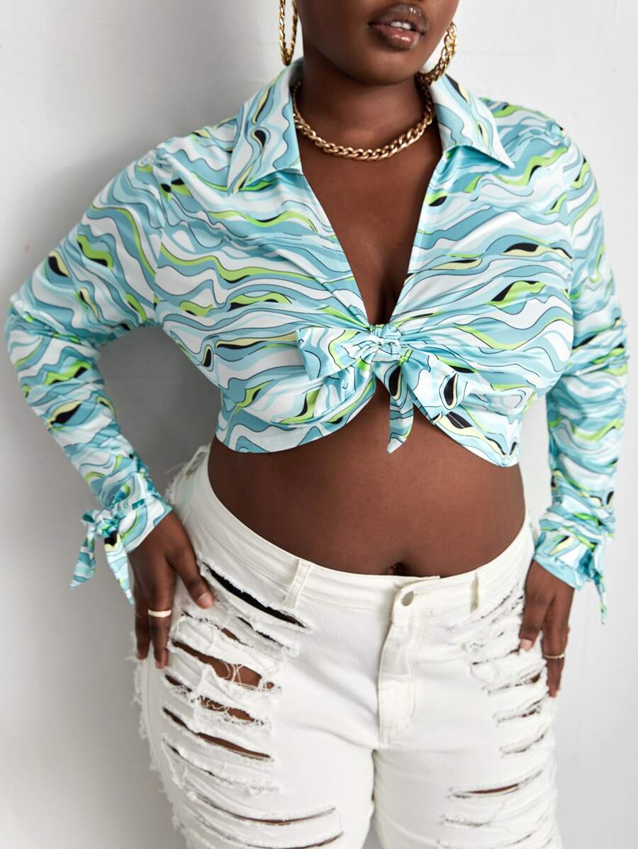 Slaydiva 大碼滿版印花前打結短款上衣 - 彩色 - 查看 1