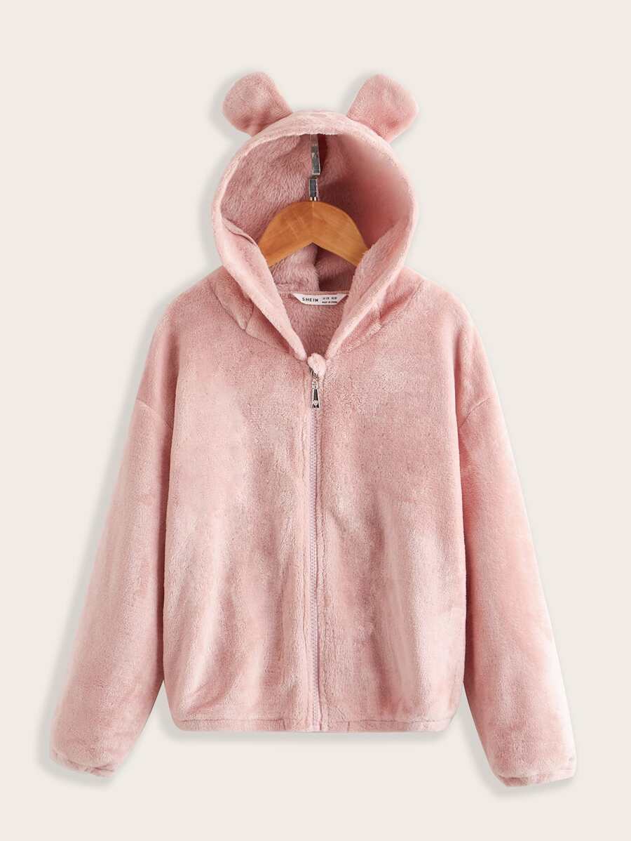 SHEIN Girls Zip Up Drop Shoulder 3D Ears Design Hooded Teddy Jacket - Baby Pink - View 1