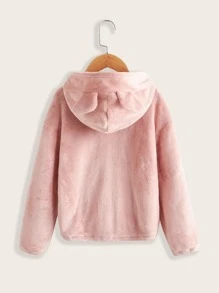 SHEIN Girls Zip Up Drop Shoulder 3D Ears Design Hooded Teddy Jacket - Baby Pink - View 2