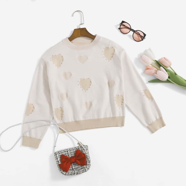 

Girls Heart Pattern Pearls Beaded Sweater, Apricot