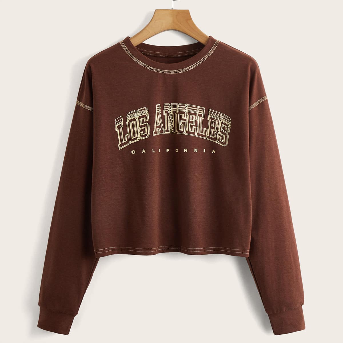 

Letter Print Stitching Trim Tee, Rust brown