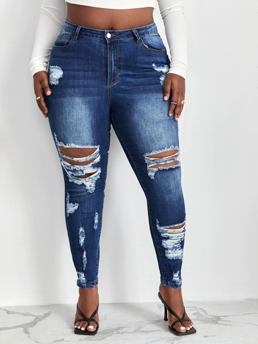 SHEIN Quần Jeans Ôm Dáng Thường Ngày Có Túi Cỡ Lớn Cho Nữ - Rửa tối - Xem 1