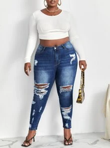 SHEIN Quần Jeans Ôm Dáng Thường Ngày Có Túi Cỡ Lớn Cho Nữ - Rửa tối - Xem 3