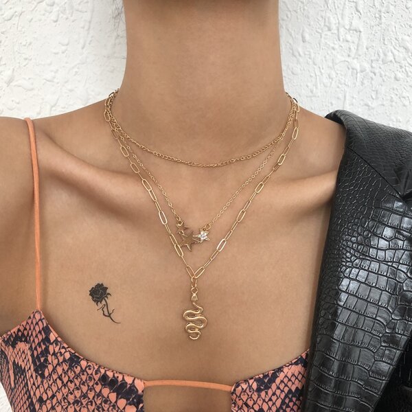 

Halloween Snake & Star Charm Necklace, Gold