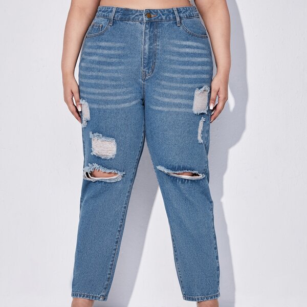 

Plus Ripped Slant Pocket Mom Fit Jeans, Medium wash