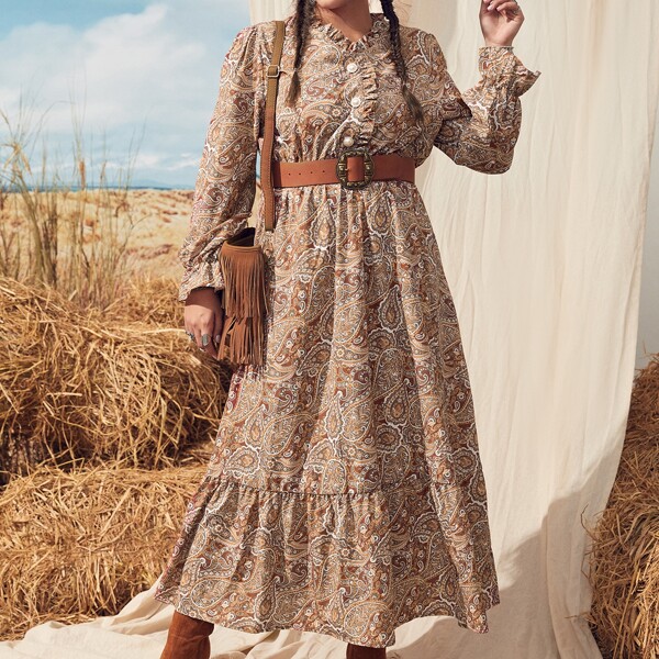 

Plus Paisley Print Flounce Sleeve Ruffle Hem Dress Without Belt, Multicolor