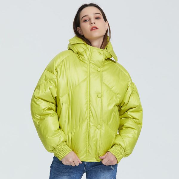 

Drop Shoulder Slant Pocket Zipper Puffer Coat, Lime green