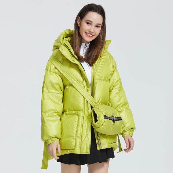 

Drop Shoulder Hooded Belted Puffer Coat With Bag, Lime green