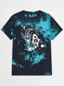 ROMWE MEN Guys Tie Dye & Fish Print Tee - Multicolor - View 1