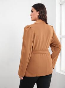 SHEIN Unity 大碼西裝領雙排釦腰帶西裝外套 - 棕色 - 查看 2