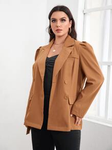 SHEIN Unity 大碼西裝領雙排釦腰帶西裝外套 - 棕色 - 查看 3