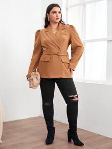 SHEIN Unity 大碼西裝領雙排釦腰帶西裝外套 - 棕色 - 查看 4