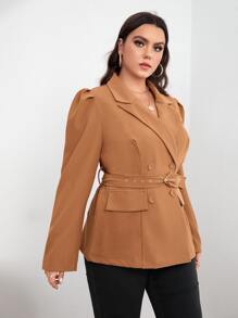 SHEIN Unity 大碼西裝領雙排釦腰帶西裝外套 - 棕色 - 查看 5