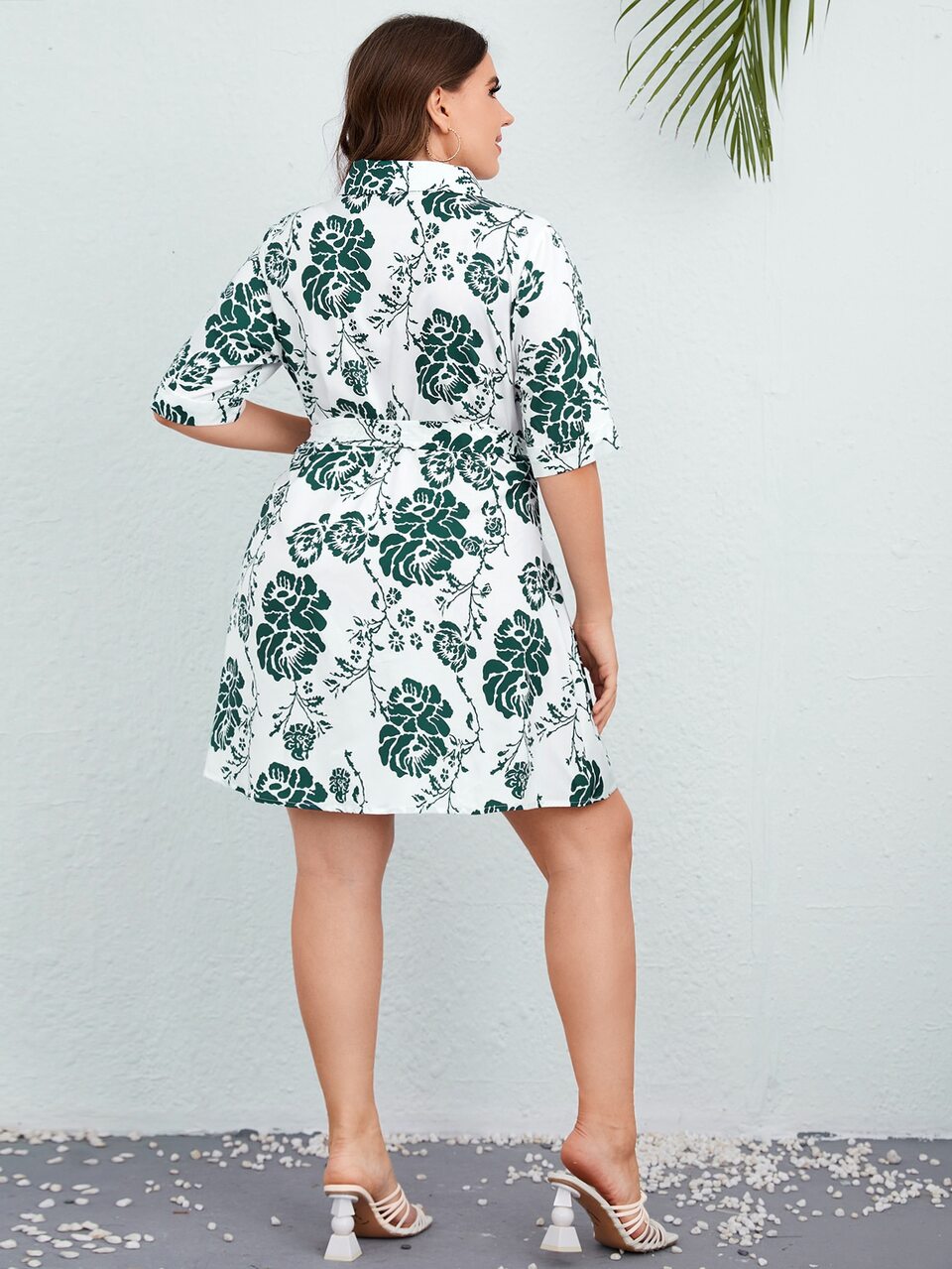 Plus Floral Print Belted Shirt Dress
