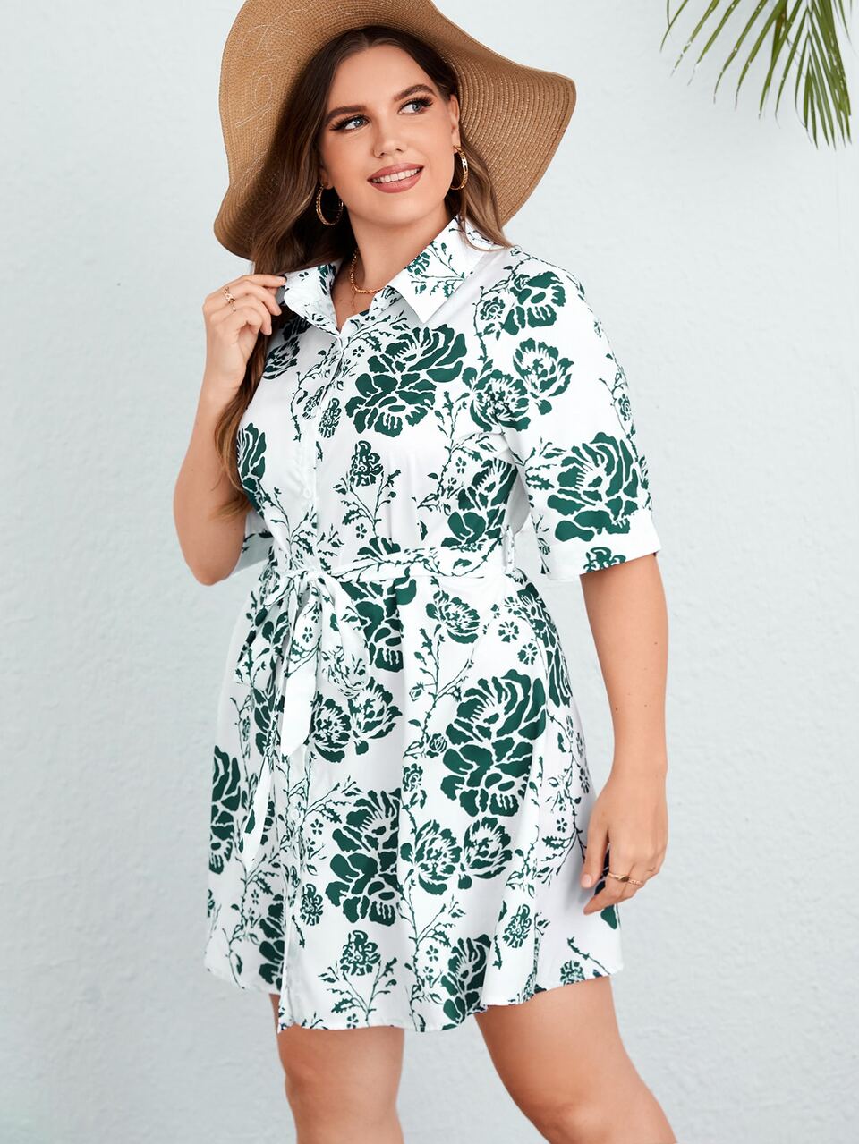 Plus Floral Print Belted Shirt Dress