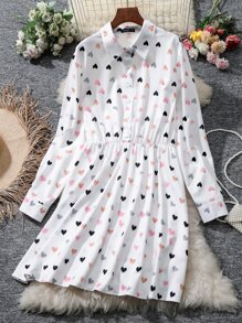 SHEIN LUNE 大碼愛心圖案半排扣襯衫連衣裙 - 白色 - 查看 1