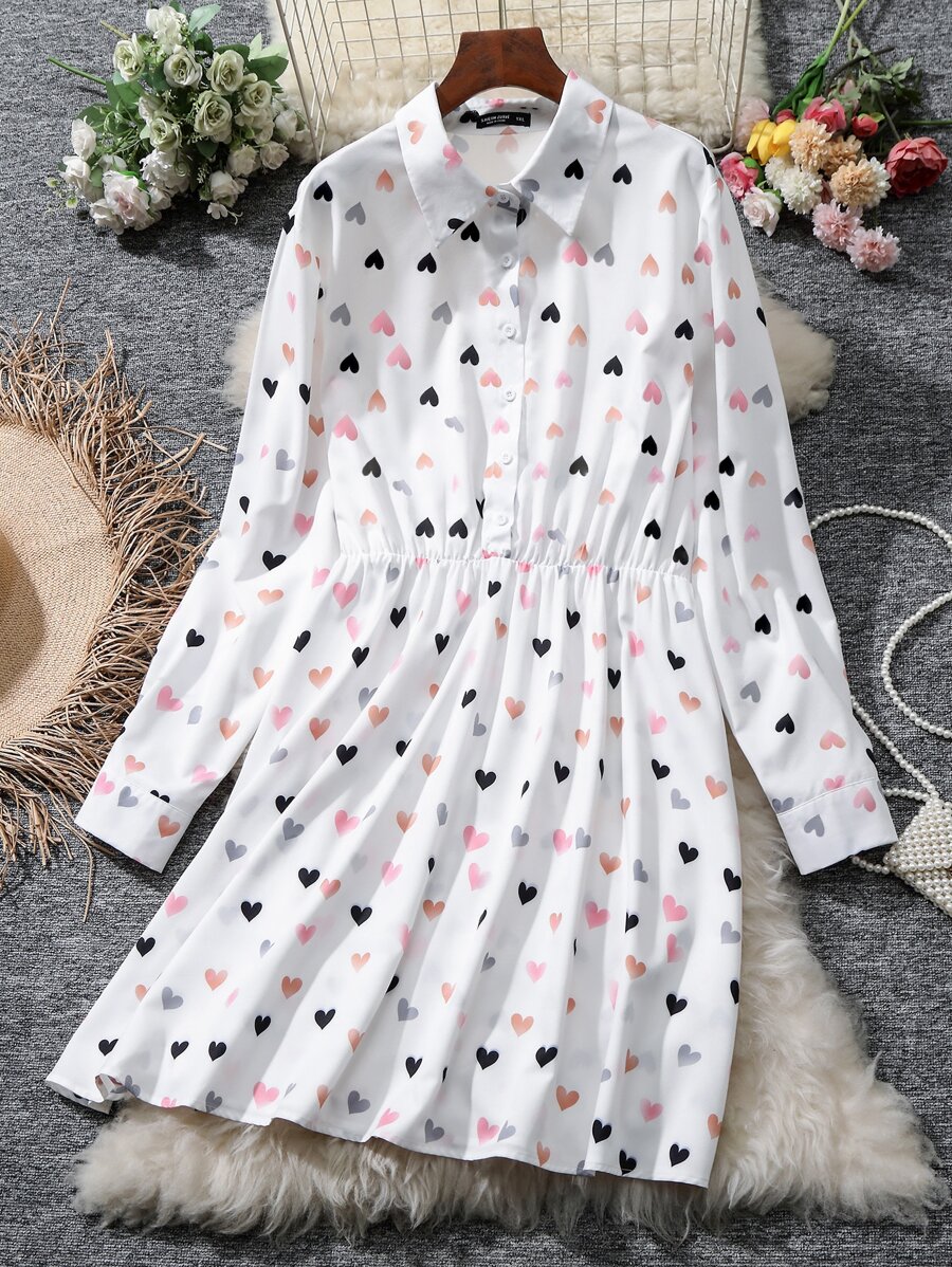 SHEIN LUNE 大碼愛心圖案半排扣襯衫連衣裙 - 白色 - 查看 1
