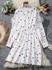 SHEIN LUNE 大碼愛心圖案半排扣襯衫連衣裙 - 白色 - 查看 2