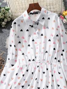 SHEIN LUNE 大碼愛心圖案半排扣襯衫連衣裙 - 白色 - 查看 5